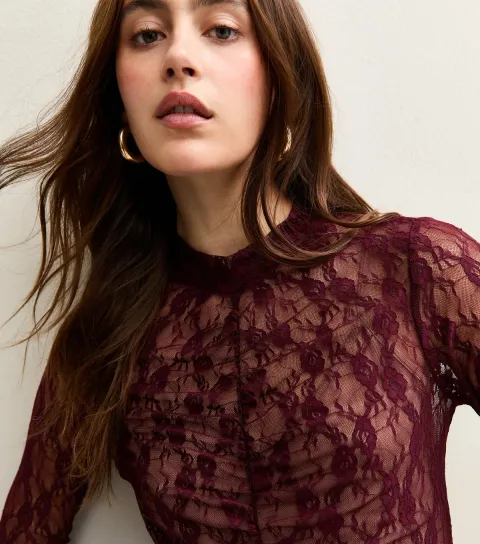 Women's Burgundy Ruched Sheer Unlined Lace Long Sleeve Bodysuit