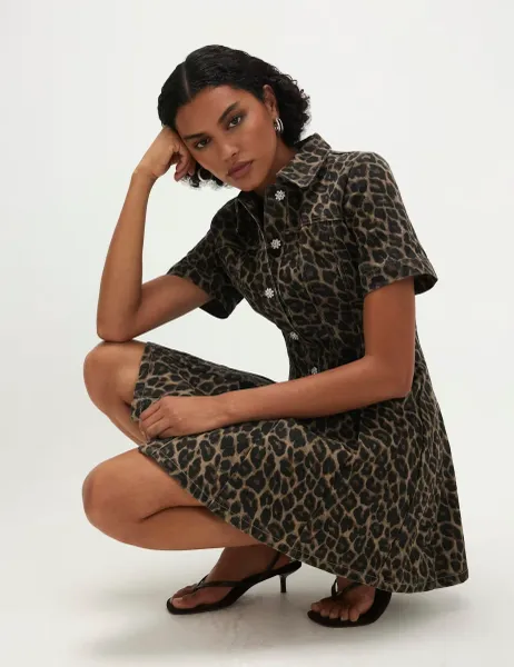 River Island Denim Leopard Print Seam Front Mini Shirt Dress Brown Mix