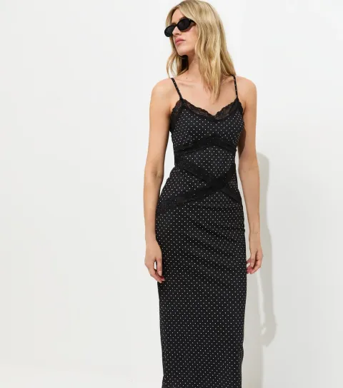 Women's Tall Black Lace Trim Mesh Midi Dress