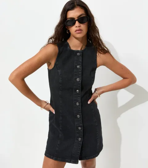 New Look Women's Black Denim Button Up Sleeveless Mini Dress