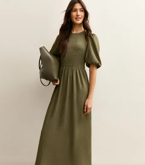 Women's Khaki Textured Jersey Puff Sleeve Smock Midi Dress