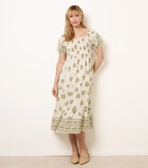 Women's Green Patterned Square Neck Midi Dress