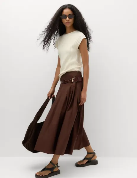 Marks & Spencer Pure Cotton Pintuck Midi Skirt Brown