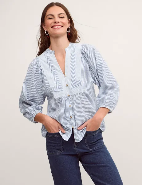 Monsoon Pure Cotton Striped V-Neck Bib Detail Blouse Blue Mix