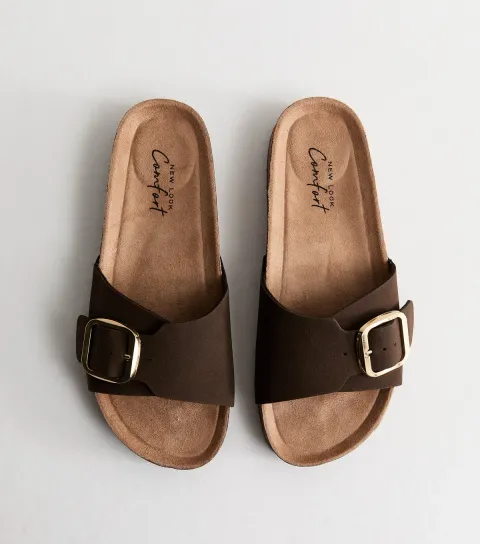 Women's Brown Faux Suede Buckled Strap Mule Sandals Vegan