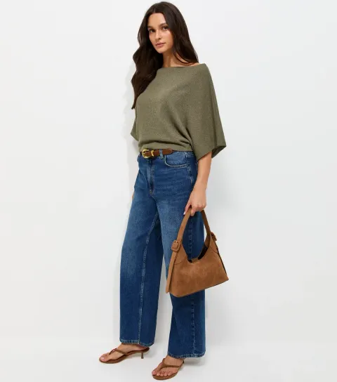 New Look Women's Light Khaki Slash Neck Textured Batwing Top