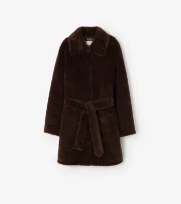 Short Belted Faux-fur Car Coat in Chocolate brown