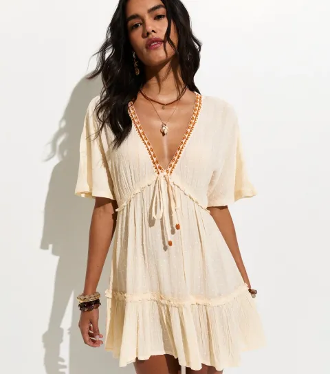 Women's Off White Dobby Texture Beaded Embroidered Trim Kaftan Dress