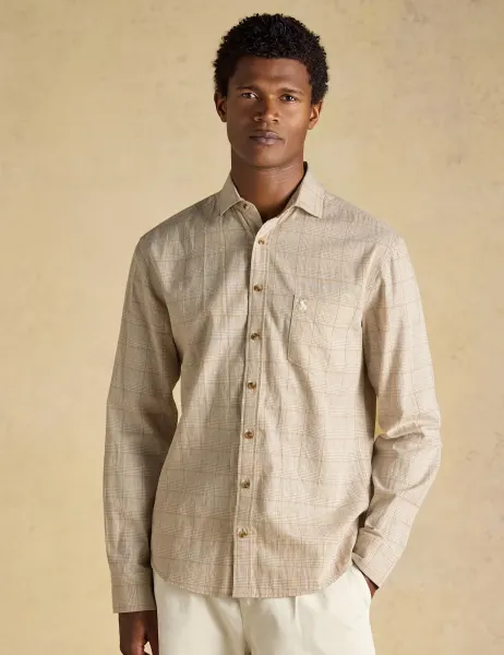 Joules Regular Fit Cotton Linen Blend Checked Shirt Oatmeal Mix