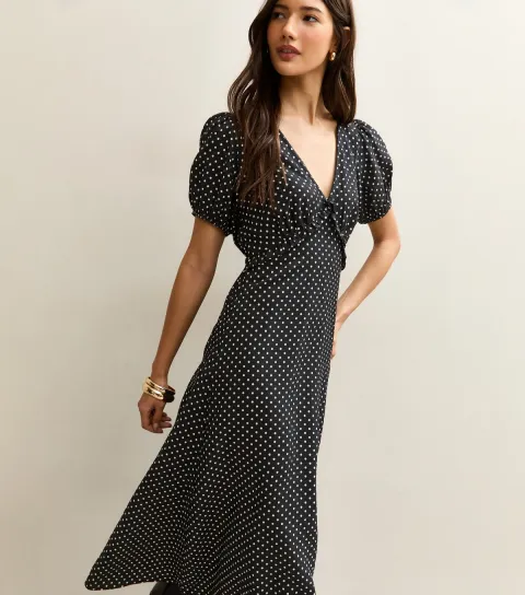 Women's Black Polka Dot Print Short Sleeve Midi Dress