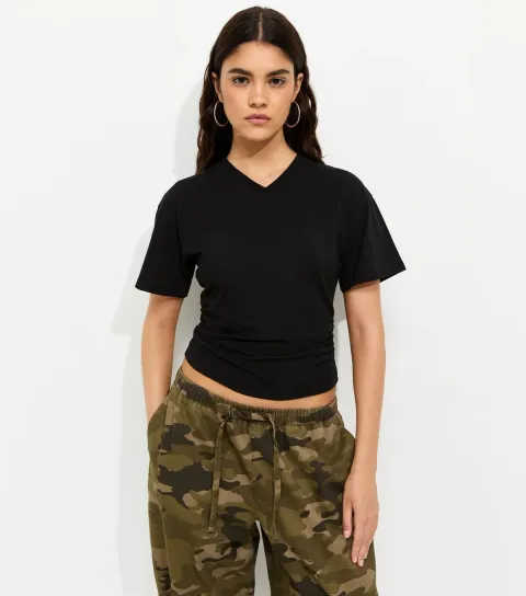 Women's Black Cotton Ruched V Neck T-Shirt