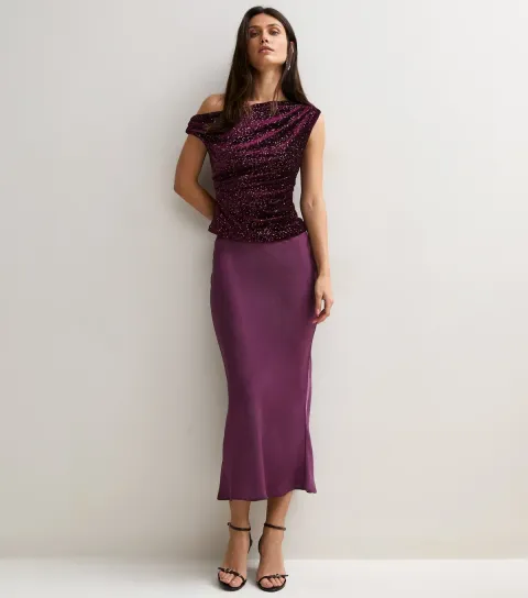 New Look Women's Dark Purple Satin Bias Cut Midi Skirt