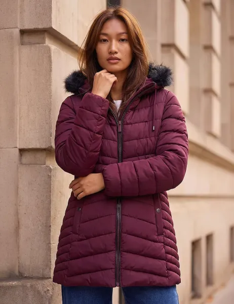 Roman Padded Faux Fur Trim Hooded Coat Burgundy Mix