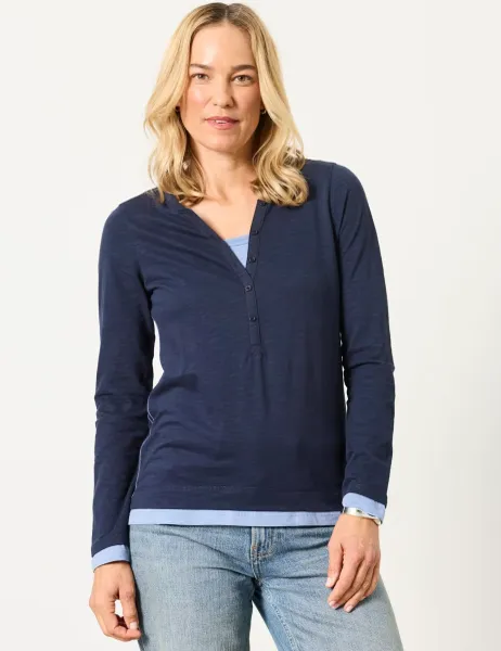 FatFace Pure Cotton V-Neck Button Detail Henley Top Navy Mix