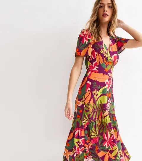Women's Purple Crinkle Texture Leaf Print Tiered Midi Tea Dress