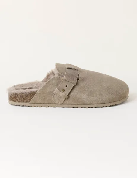 FatFace Suede Faux Fur Lined Mule Slippers Natural