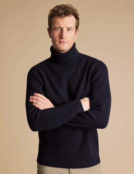 Charles Tyrwhitt Pure Wool Relaxed Roll Neck Jumper Navy