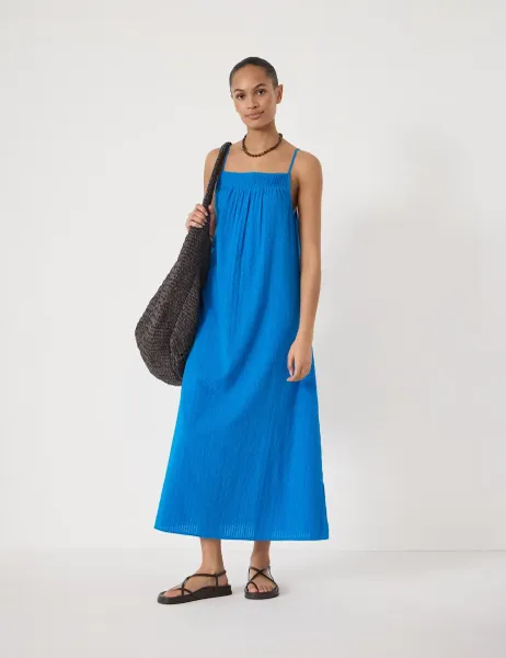 HUSH Pure Cotton Square Neck Maxi Beach Dress Light Blue