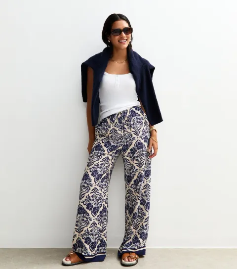 New Look Women's Blue Floral Geometric Print Wide Leg Trousers