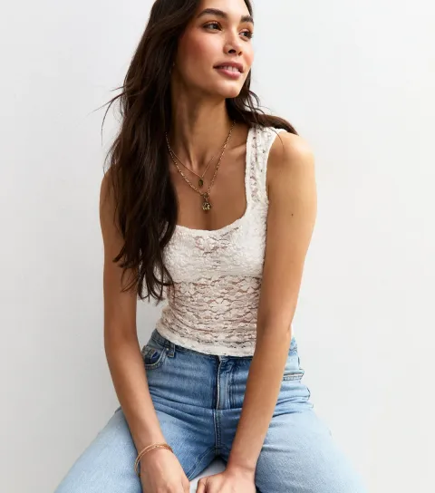 New Look Women's Off White Semi Sheer Lace Textured Top