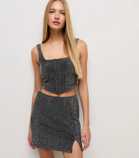 Women's Silver Metallic Jersey Square Neck Crop Top