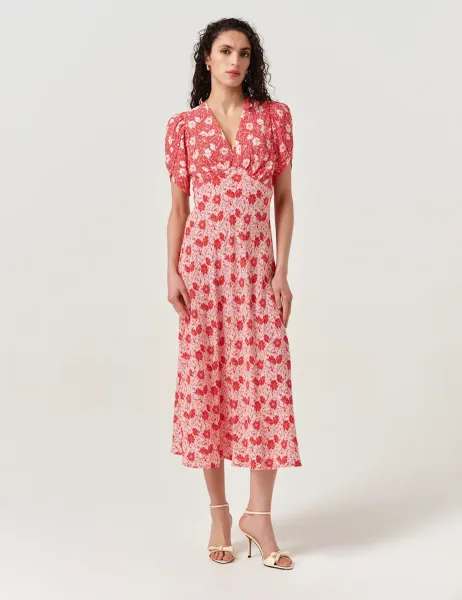 Ghost Crepe Floral Midi Tea Dress Red Mix