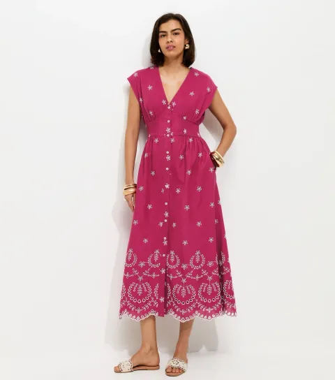 Women's Pink Embroidered Sleeveless V Neck Midi Dress