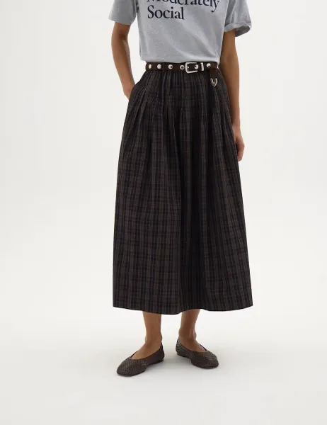 HUSH Pure Cotton Checked Midi A-Line Skirt Brown Mix