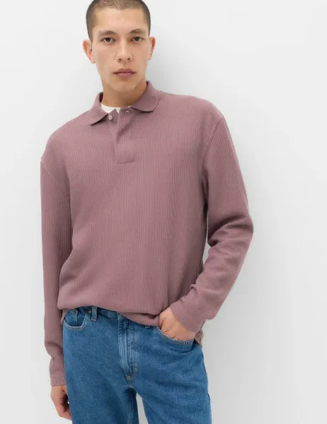 Marks & Spencer Cotton Blend Ribbed Long Sleeve Polo Shirt Rosewood
