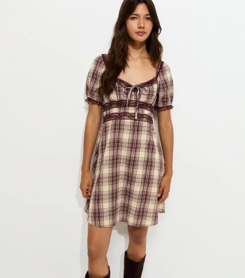 Women's Brown Check Lace Trim Milkmaid Mini Dress