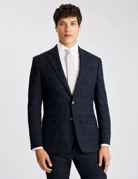 Moss Tailored Fit Check Suit Jacket Navy Mix