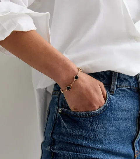 Black Flower Fine Chain Bracelet