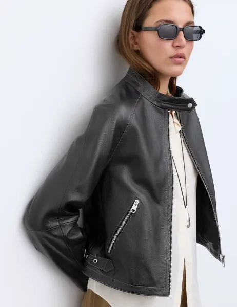 Autograph Leather Collarless Cropped Biker Jacket Black