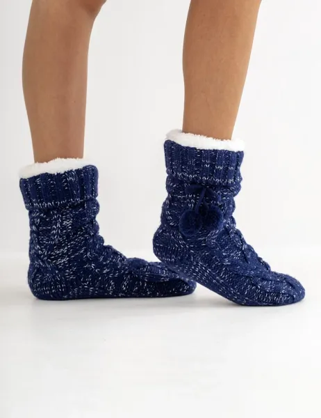 Pour Moi Cable Knit Slipper Socks Navy