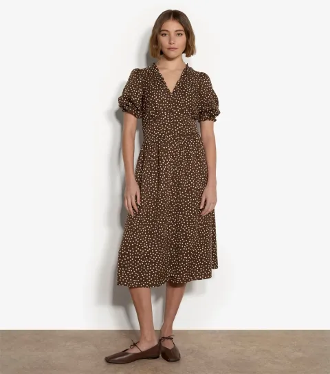 Women's Brown Mini Dot Print Button Front Midi Dress
