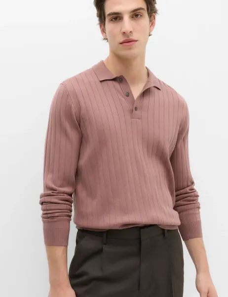 Marks & Spencer Cotton Blend Smart Rib Knit Polo Shirt Mocha