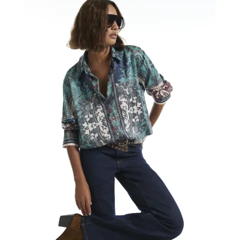 River Island Satin Paisley Long Sleeve Oversize Shirt