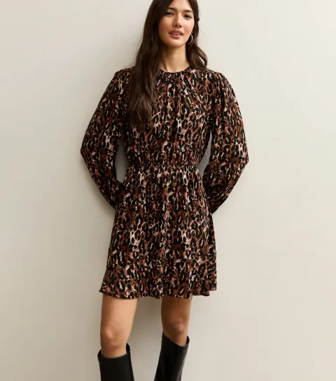 Women's Brown Animal Print Flared Hem Mini Dress