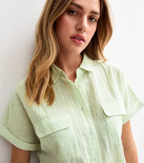 New Look Women's Green Striped Short Sleeve Shirt