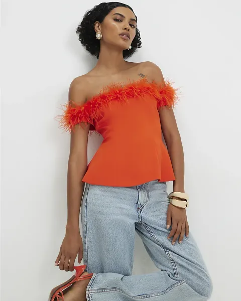 River Island Satin Bardot Feather Trim Corset Top