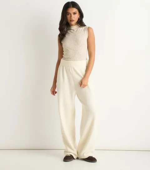 Women's Off White Knitted Wide Leg Trousers