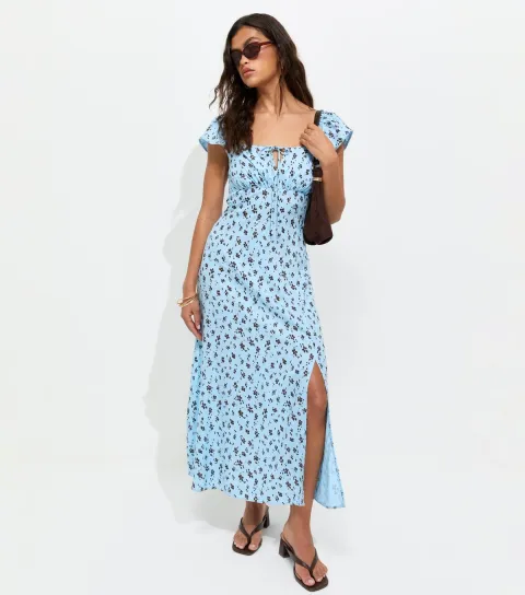 Women's Blue Ditsy Print Lace Trim Square Neck Midi Dress