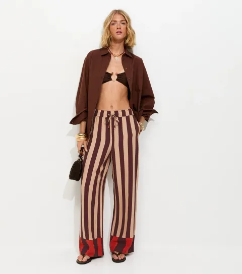 Women's Brown Striped With Linen Wide Leg Trousers