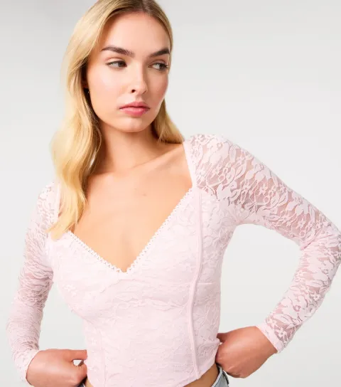 Pink Vanilla Women's Light Pink Lace Long Sleeve Corset Style Top