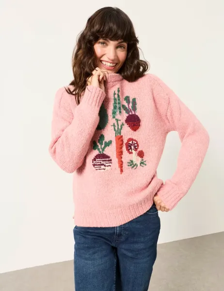 FatFace Vegetable Crew Neck Jumper with Wool Pink Mix