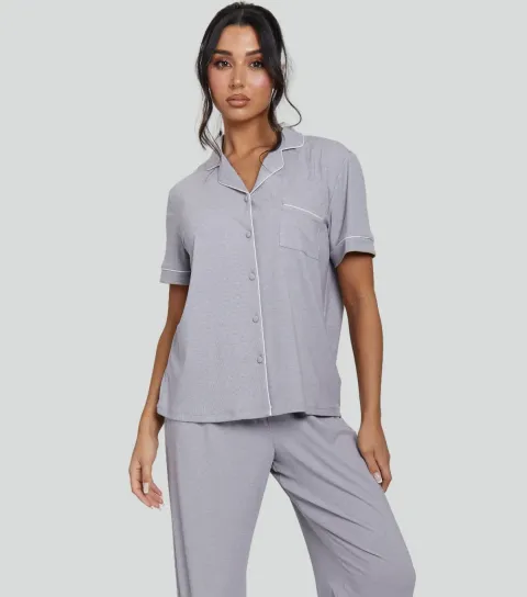 Women's Grey Ribbed Short Sleeve Shirt and Trousers Pyjama Set