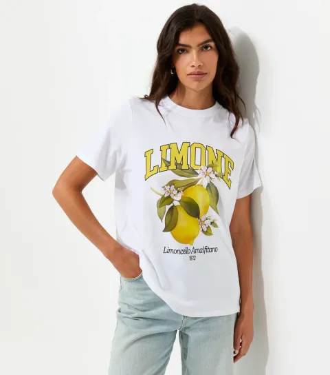 Women's White Cotton Limone Print Crew Neck T-Shirt