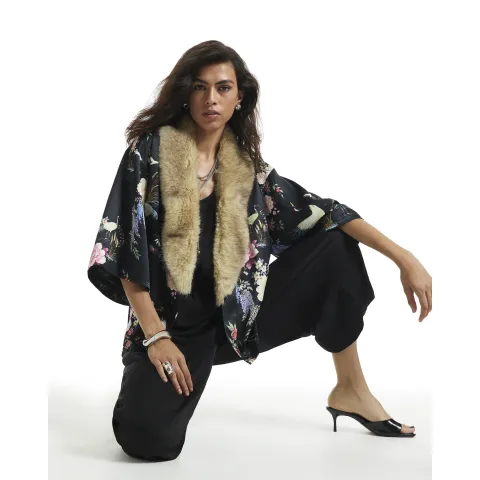 River Island Satin Floral Faux Fur Trim Kimono