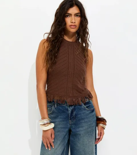 Women's Dark Brown Cotton Rich Tassel Hem Knitted Vest