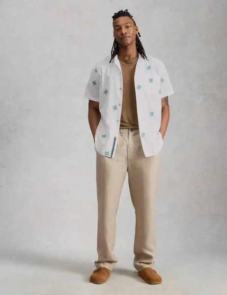 White Stuff Pure Cotton Embroidered Short Sleeve Shirt White Mix